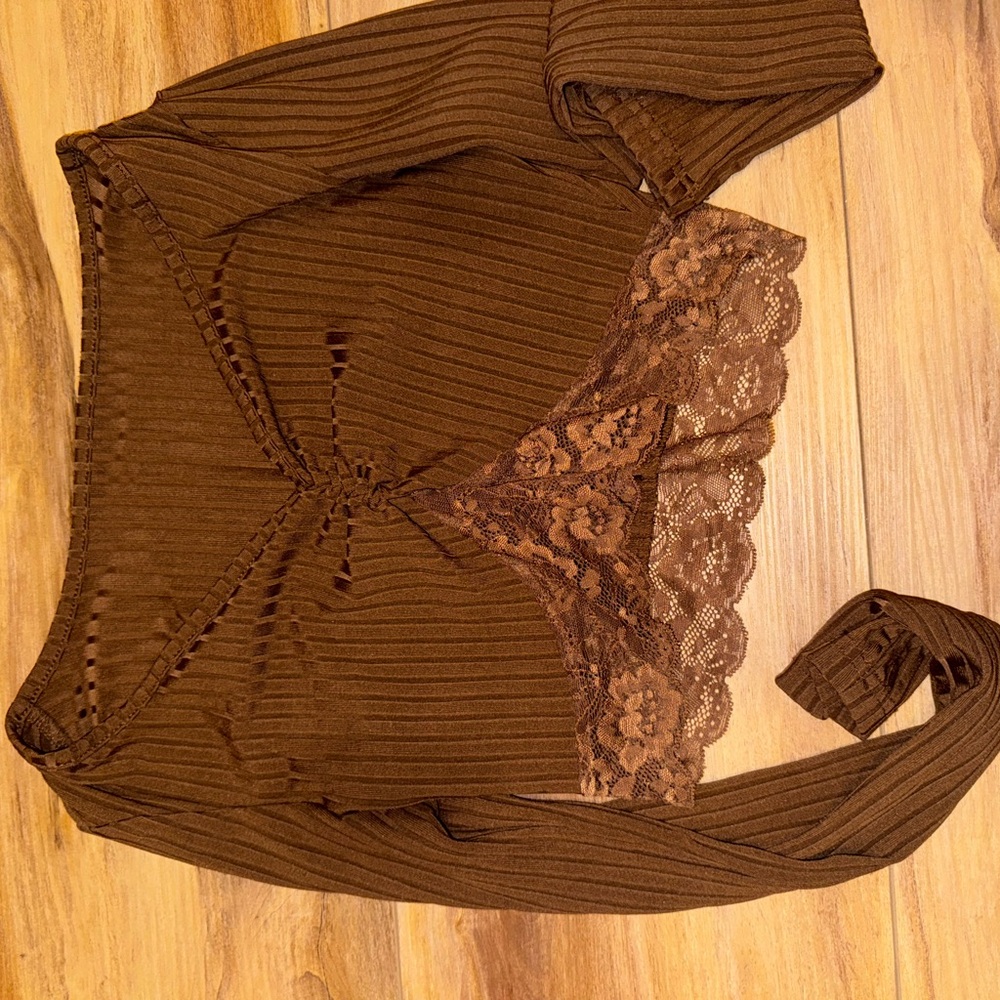 SHEIN Brown Ribbed Lace Top